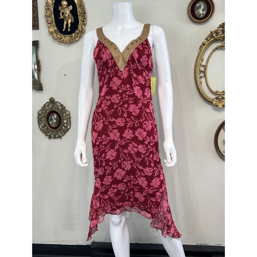 Vintage Derek Green 100% Silk Red Floral Asymmetrical Slip Dress Size 2